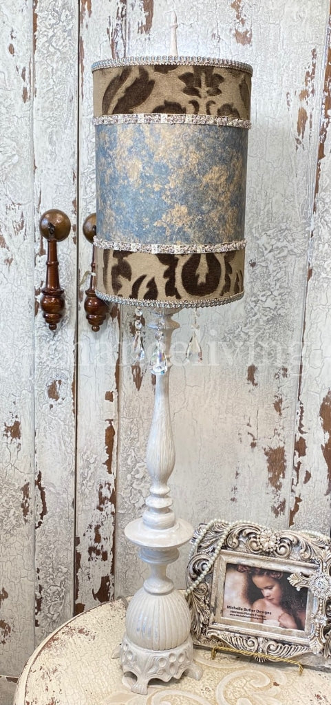 Gallery Designs Accent Lamp with Blue and Chocolate Brown Lamp Shade with Crystals