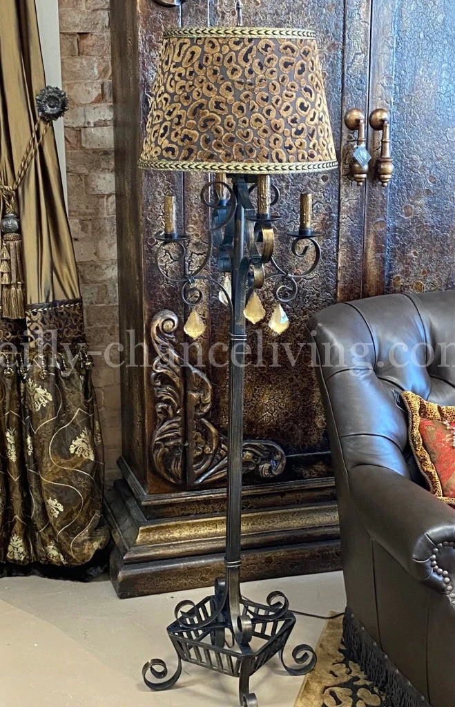 Gallery Designs Scrolled Iron and Crystal Floor Lamp Leopard Lamp Shade