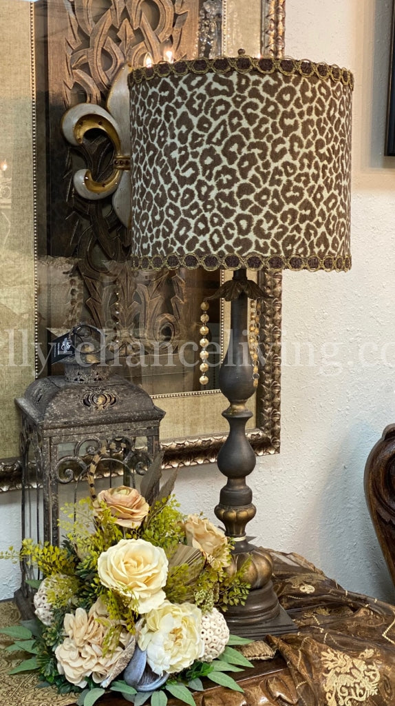 Gallery Designs Table Lamp with Crystals and Spa Green Leopard Print Lamp Shade