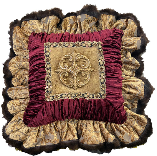 Burgundy and Gold Velvet Ruffled Pillow with Jeweled Medallion
