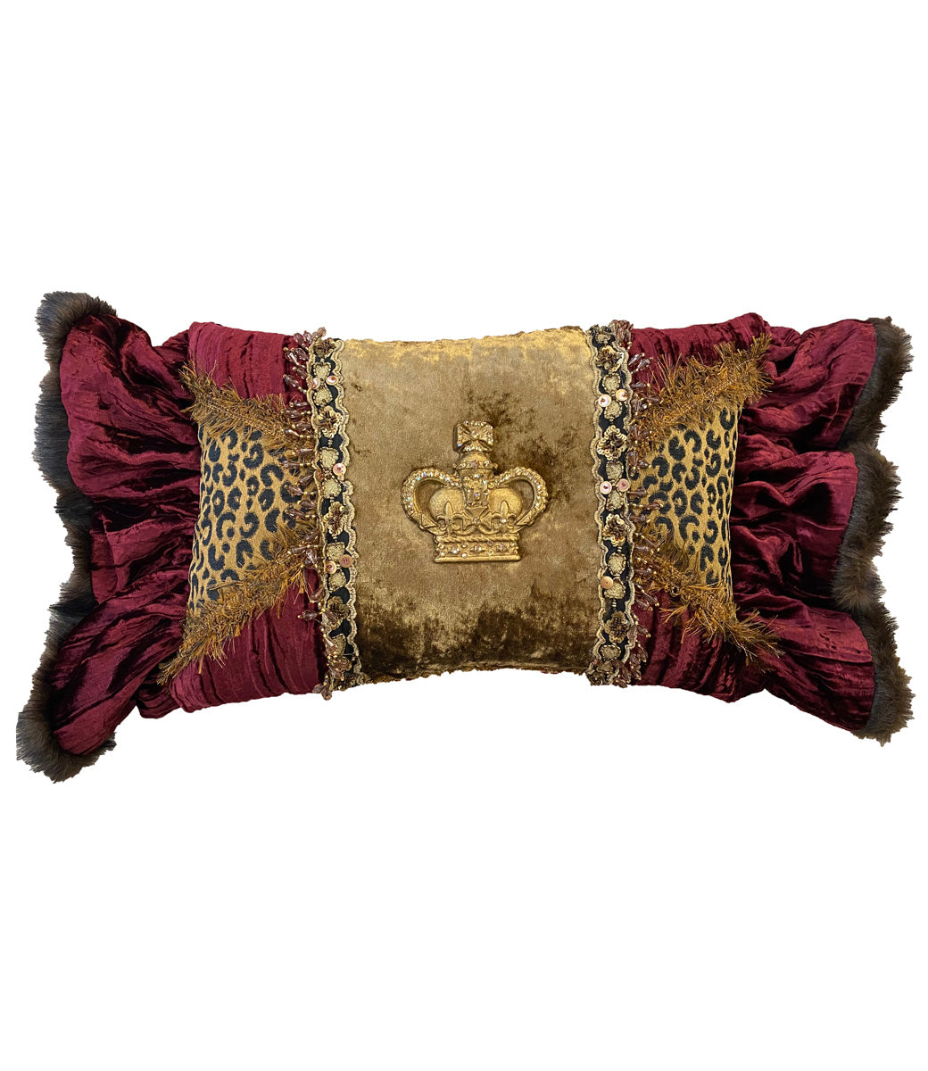 Burgundy and Gold Velvet Rectangle Ruffled Pillow with Jeweled Crown