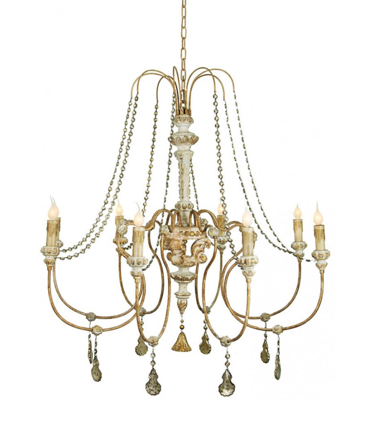 Carved Wood Chandelier with Distressed finish and Gold Accents