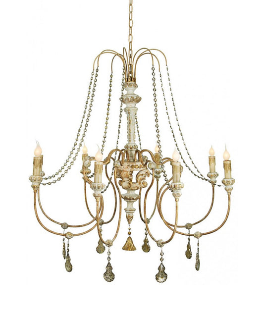 Carved Wood Chandelier with Distressed finish and Gold Accents