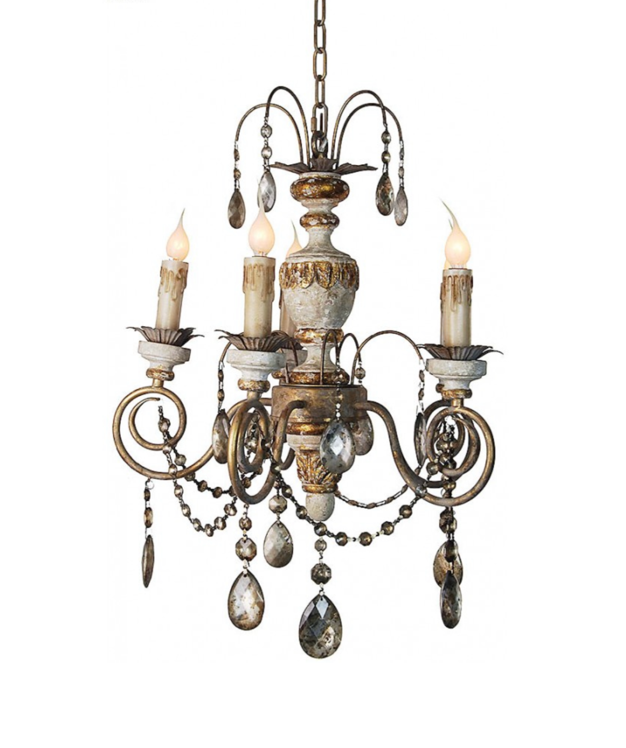 Carved Wood Chandelier with Distressed finish and Gold Accents