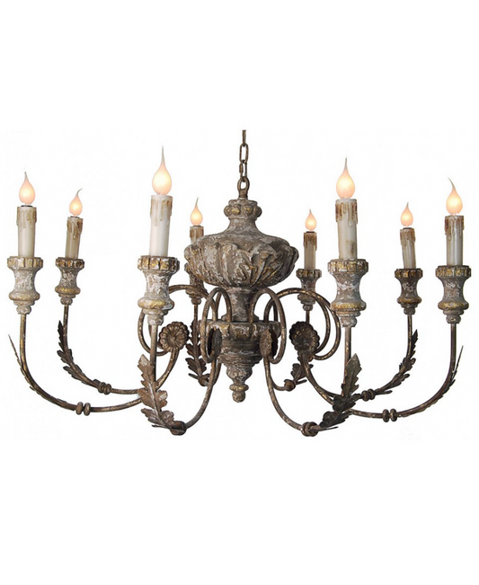 Carved Wood Chandelier with Distressed finish and Gold Accents
