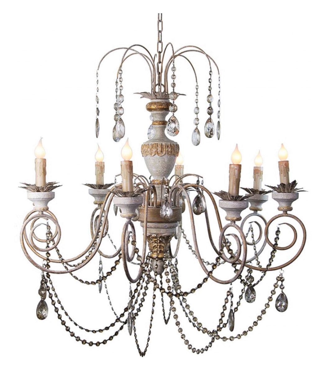 Hand Carved Wood Chandelier with Antiqued Crystal Drops