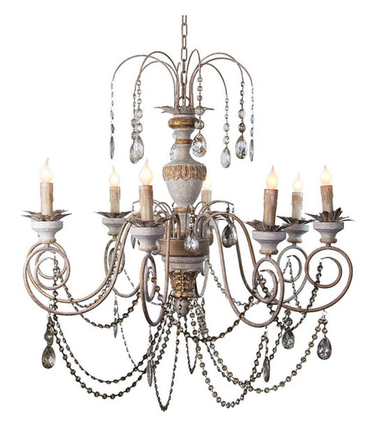 Hand Carved Wood Chandelier with Antiqued Crystal Drops