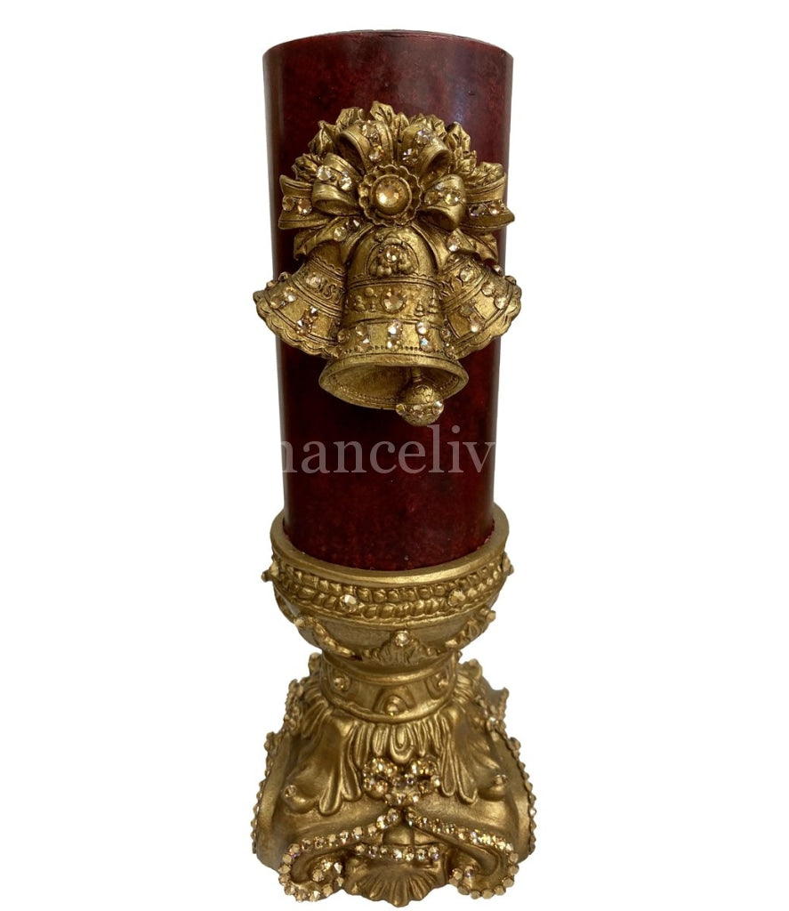 Christmas Candle 3x6 with Jeweled Triple Bells on Jeweled Candle Base