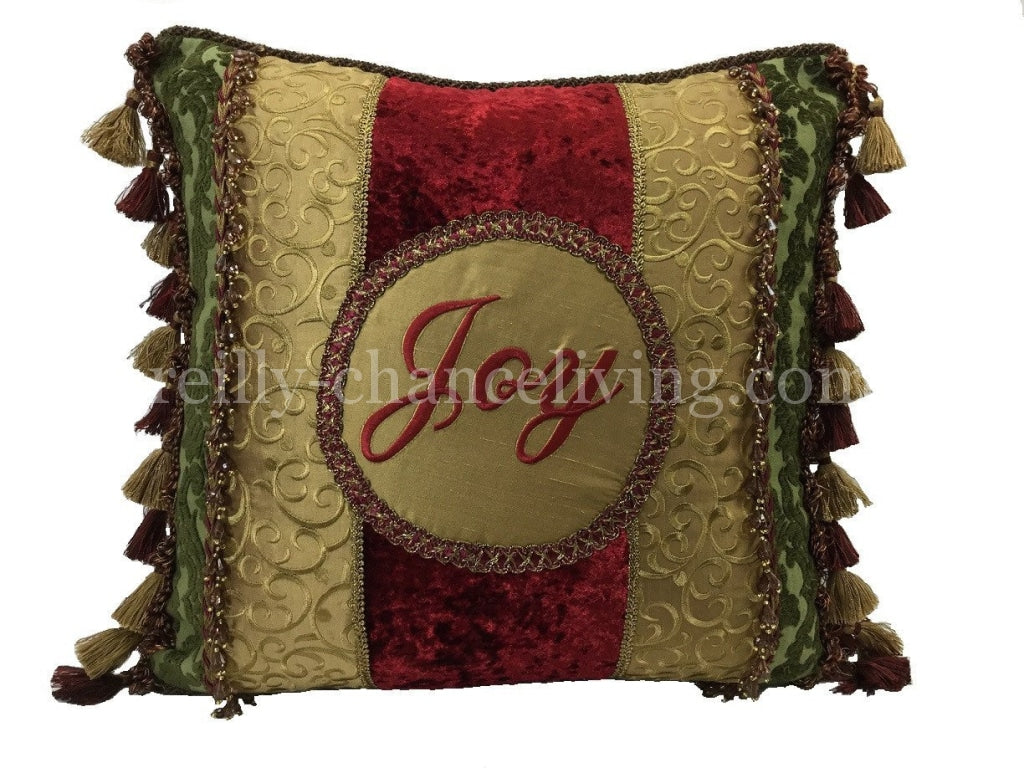 Christmas_pillow-Joy-holiday_pillow-silk-velvet-chenille-tassel_fringe-red-green-gold-beads-reilly_chance_collection_grande