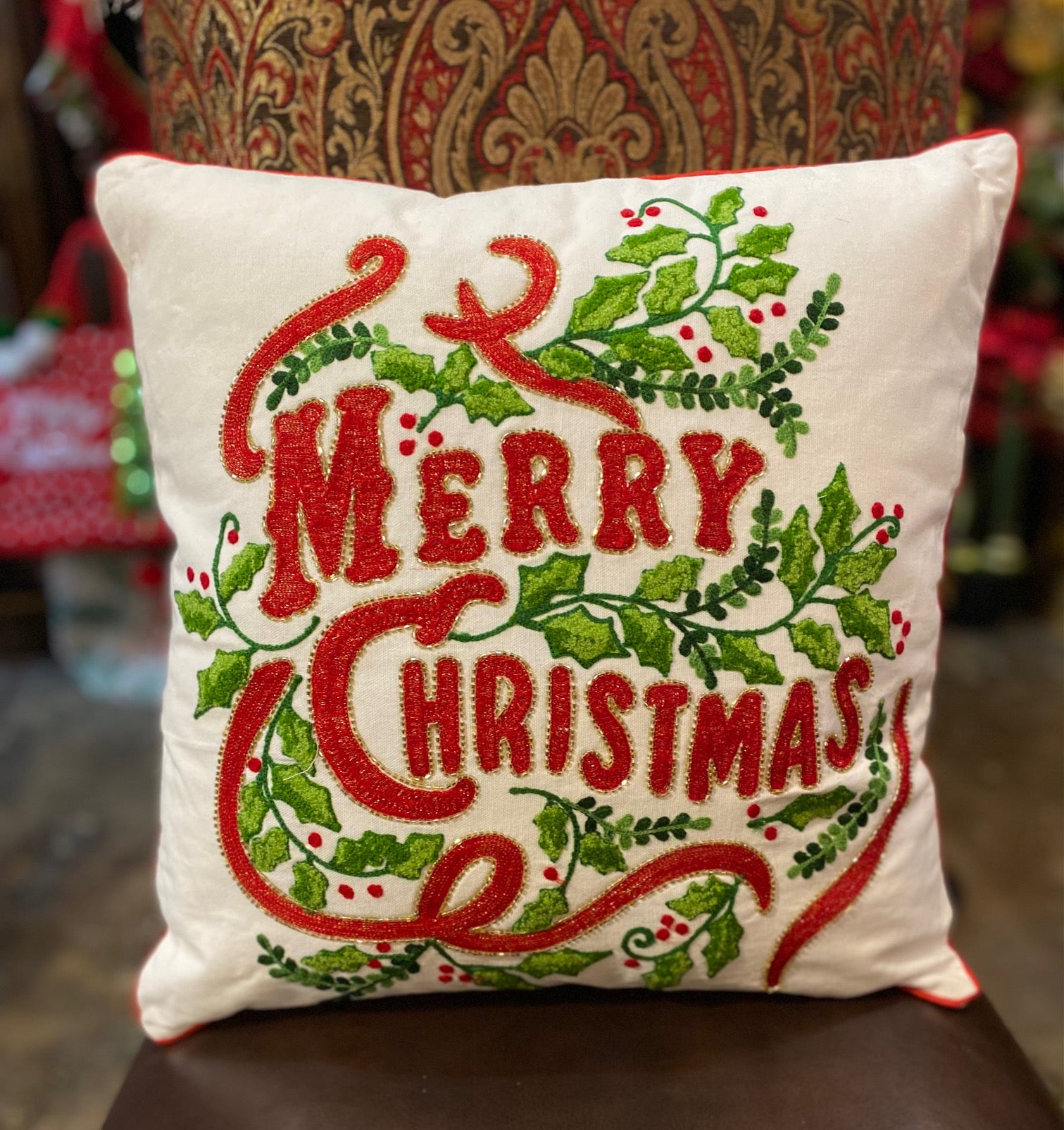 Merry Christmas Pillow with Metalic Embroidery