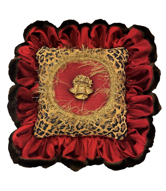 Christmas Pillow Leopard Print Ruffled With Jeweled Triple Bells Holiday Pillows
