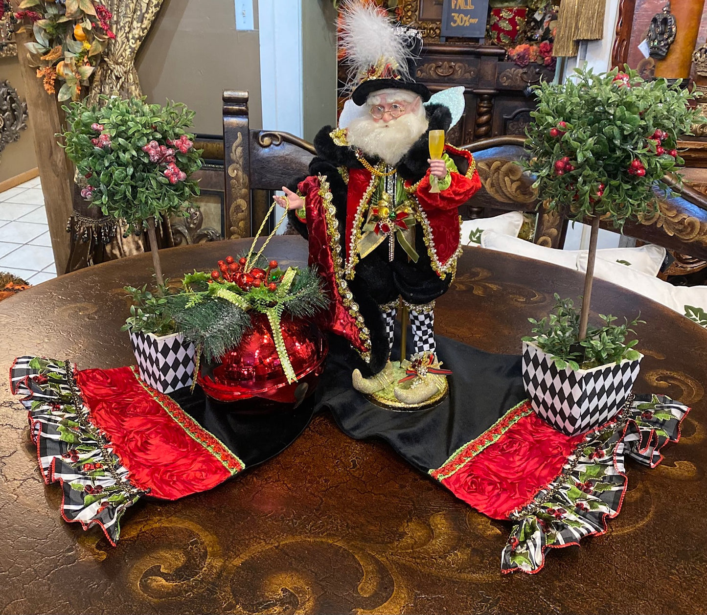 Christmas Table Runner with Embroidered Ribbon Ruffle
