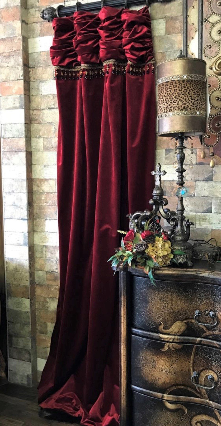 Red Velvet Drapery Panel With Beads Style #14 Window Treatment