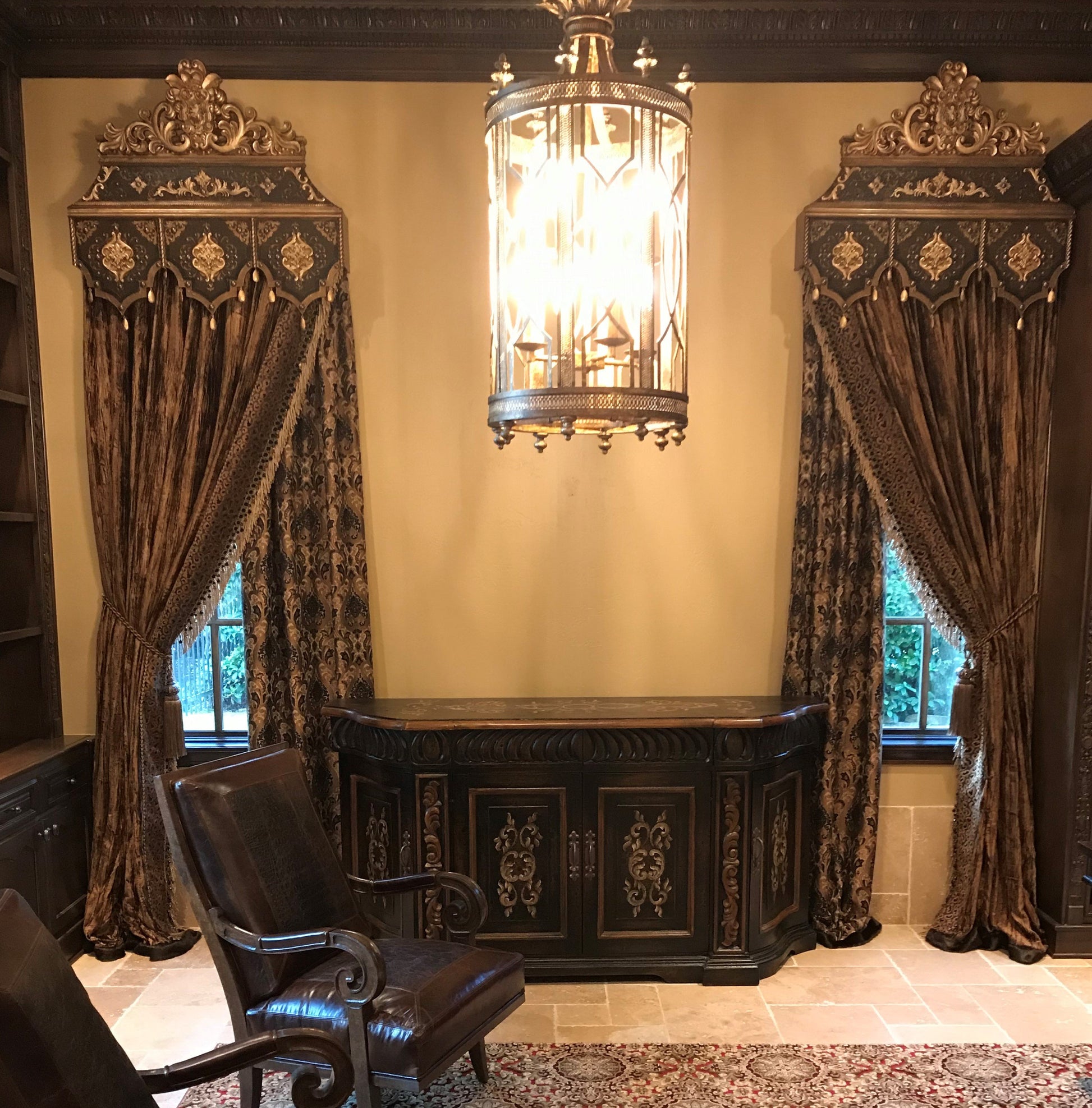 Designer Cornice Board And Velvet Panels Window Treatment
