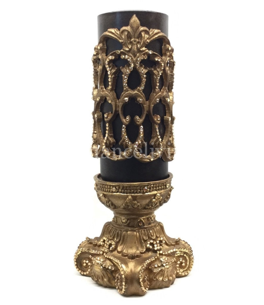 Decorative_brown_candle-4x9-roasted__chestnut-gold_jeweled_firescreen-gold_candle_base-sir_olivers-reilly_chance_collection_grande