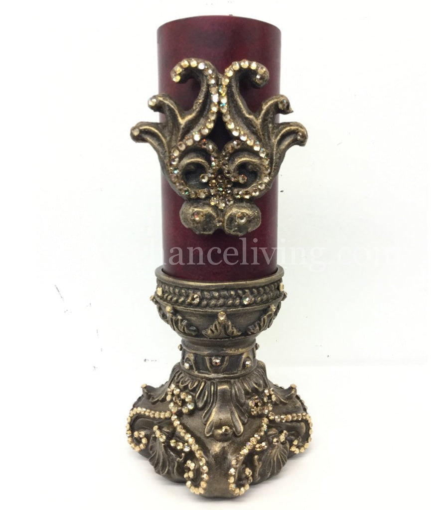 Decorative Candle 3X6 With Jeweled Scroll And Base Candle/base Combination