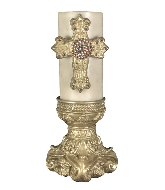 Decorative Gold Candle 3X6 Cross And Base Candle/base Combination