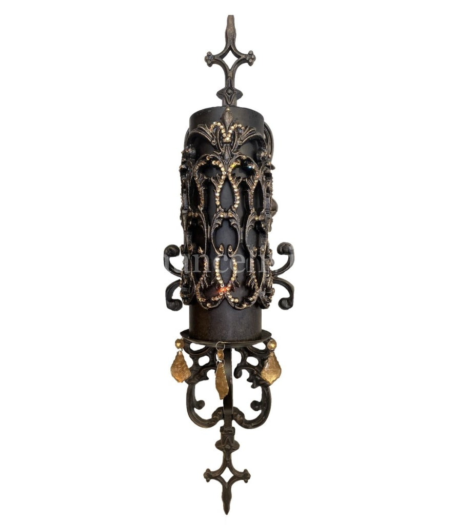Wrought Iron Wall Sconce with Jeweled Firescreen Candle