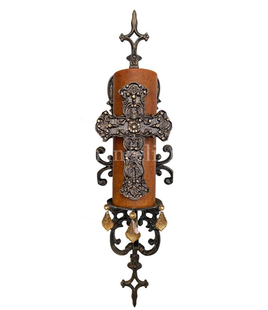 Wrought Iron Wall Sconce with Jeweled Cross Candle