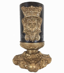 Decorative_candle-triple_scented-brown-6x9-roasted_chestnut-gold_swarovski_jeweled_fleur_de_lis-shield-6x9_gold_candle_base-sir_olivers-reilly_chance_collection_grande