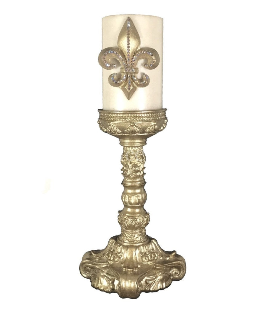 Decorative_candle_cream-4x6-vanilla-champagne_jeweled_fleur_de_lis-4x12_candle_base-sir_olivers-reilly_chance_collection_grande