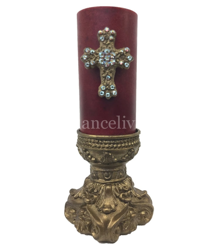 Decorative Candle 3X6 Small Jeweled Cross On Base Candle/base Combination