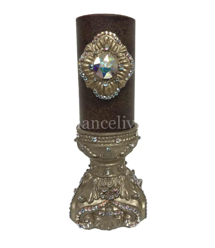 Decorative Candle 3X6 With Jeweled Medallion And Base Candle/base Combination