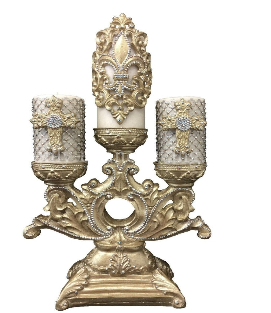 Decorative Candle/candle Base (2-4X6 Candles/jeweled Mesh Cross 1-4X9 Candle/fleur De Lis Wrap)