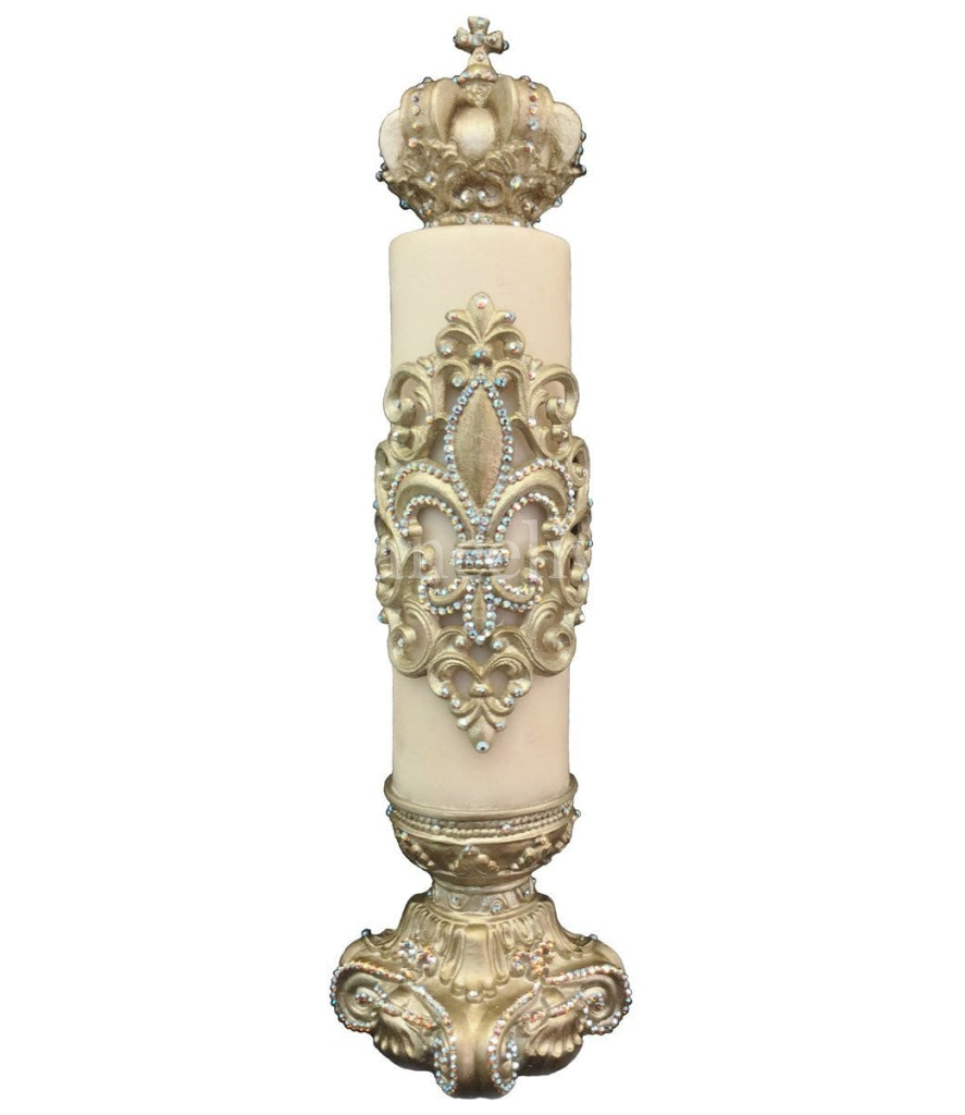 Decorative Candle 4X12 Fleur De Lis Scroll Wrap/ Jeweled 4X6 Base/ Crown Topper Candle/base
