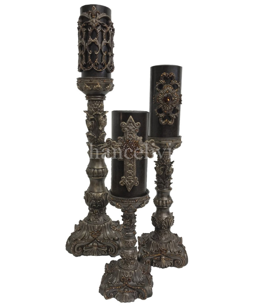 Decorative Candle Set Of 3 With Jeweled Bases Candle/base Combination