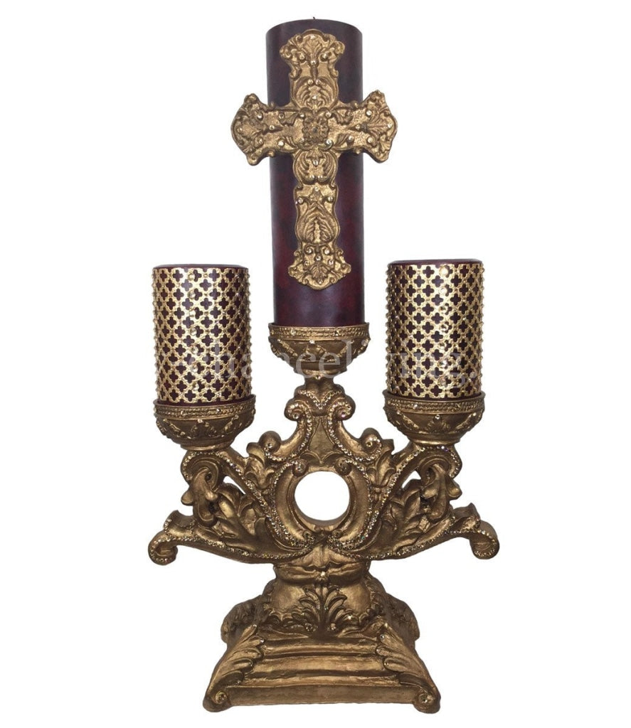 Decorative_gold_three_tier_candleholder-red_decorative_candles-jeweled_cross-jeweled_mesh_sir_olivers-reilly_chance_collection_grande
