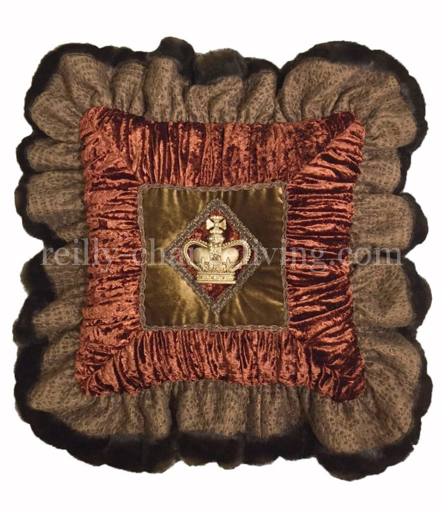 Decorative_pillow-rust_velvet-faux_croc-faux_mink-ruffled-swarovski_crystal_crown-bling-reilly_chance_collection_grande