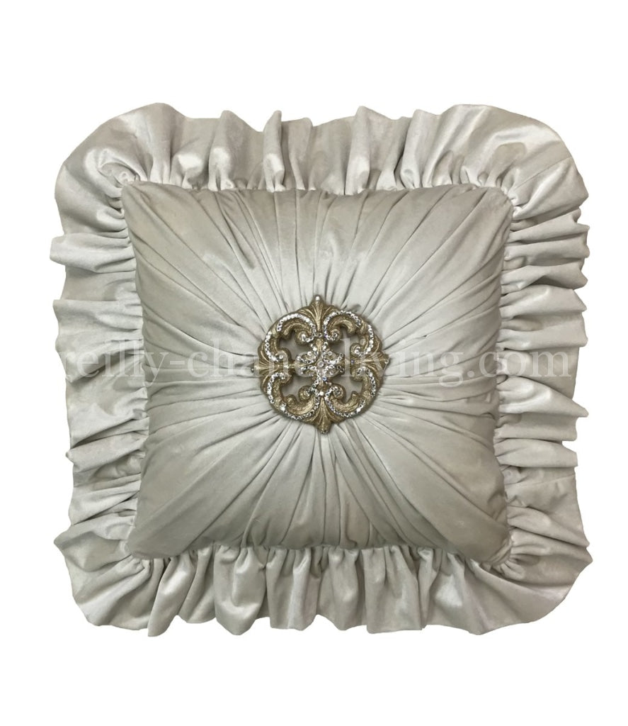 Cream Velvet Designer Accent Pillow Jeweled Medallion