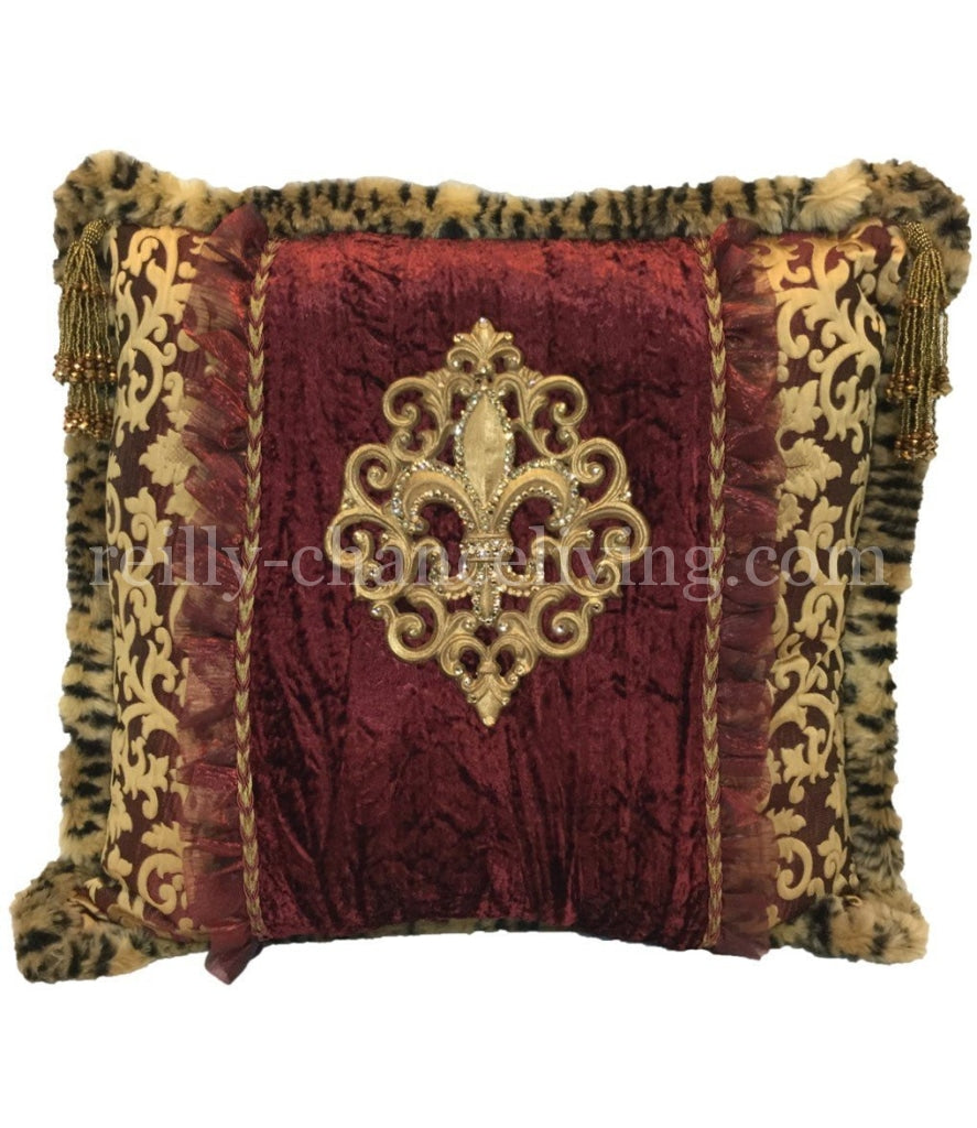 Luxury Decorative Pillow Burgundy And Gold Fleur De Lis 21X21