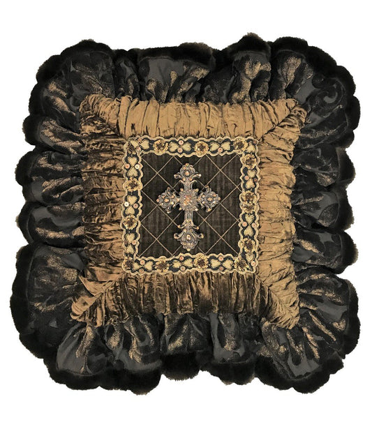 Decorative_pillows_with_jeweled_cross-accent_pillow-bronze_ruffled_pillow-old_world_style_pillow-reilly_chance