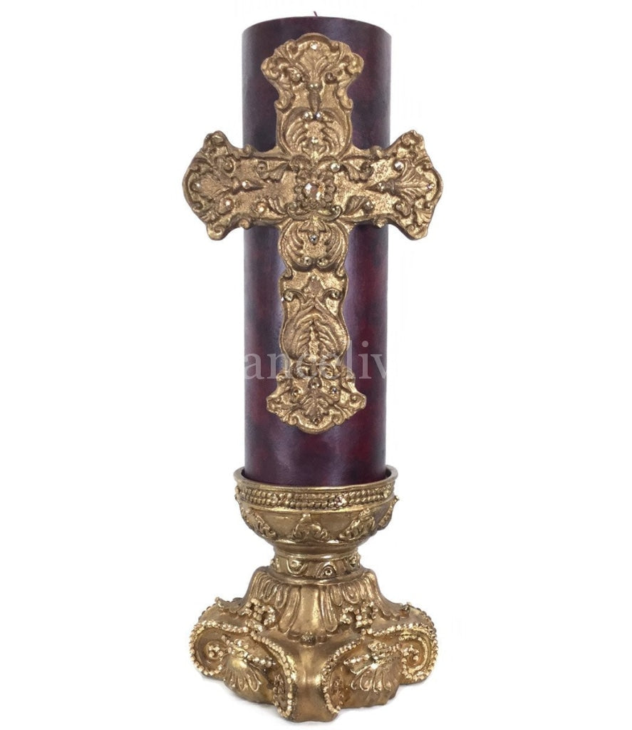 Decorative_red_candle-4x12-pomegranate-gold_jeweled_cross-gold_candle_base-4x6-sir_olivers-reilly_chance_collection_grande