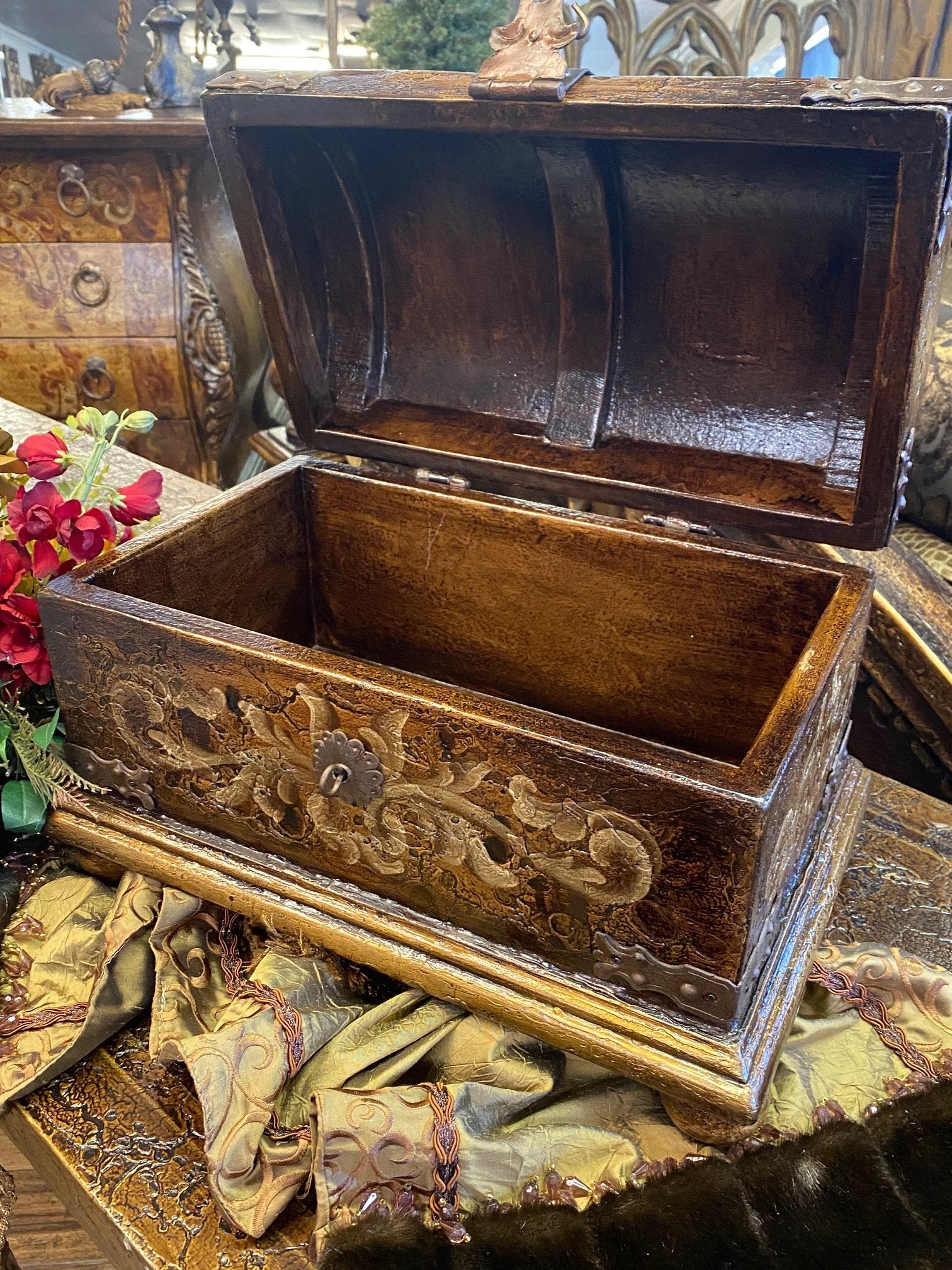 Hand Carved Wood Treasure Chest Box Santander Reilly-Chance Home Decor Retail Store Offerings