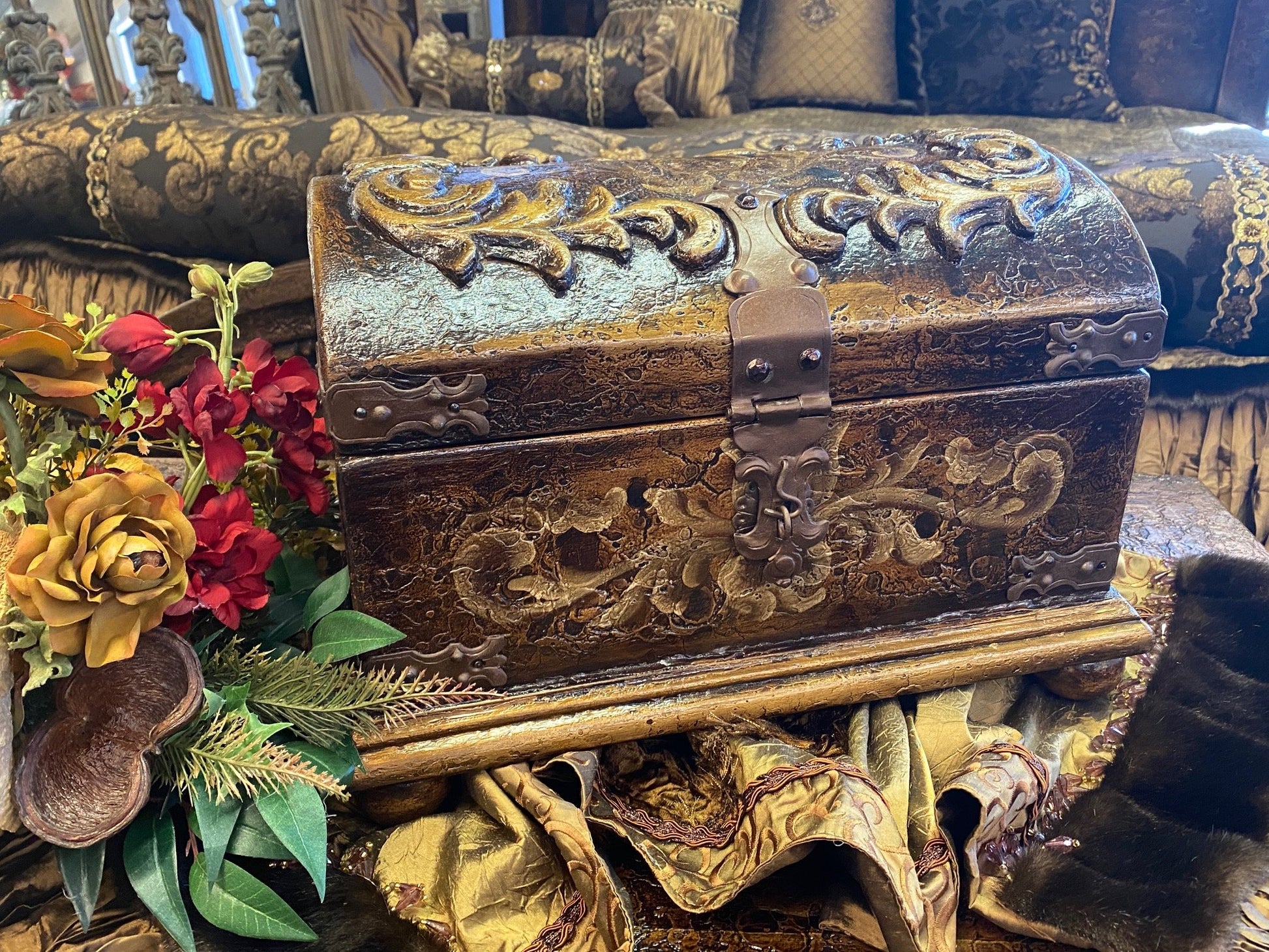 Hand Carved Wood Treasure Chest Box Santander Reilly-Chance Home Decor Retail Store Offerings