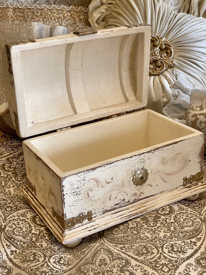 Hand Carved Wood Treasure Chest Box Vintage White Reilly-Chance Home Decor Retail Store Offerings