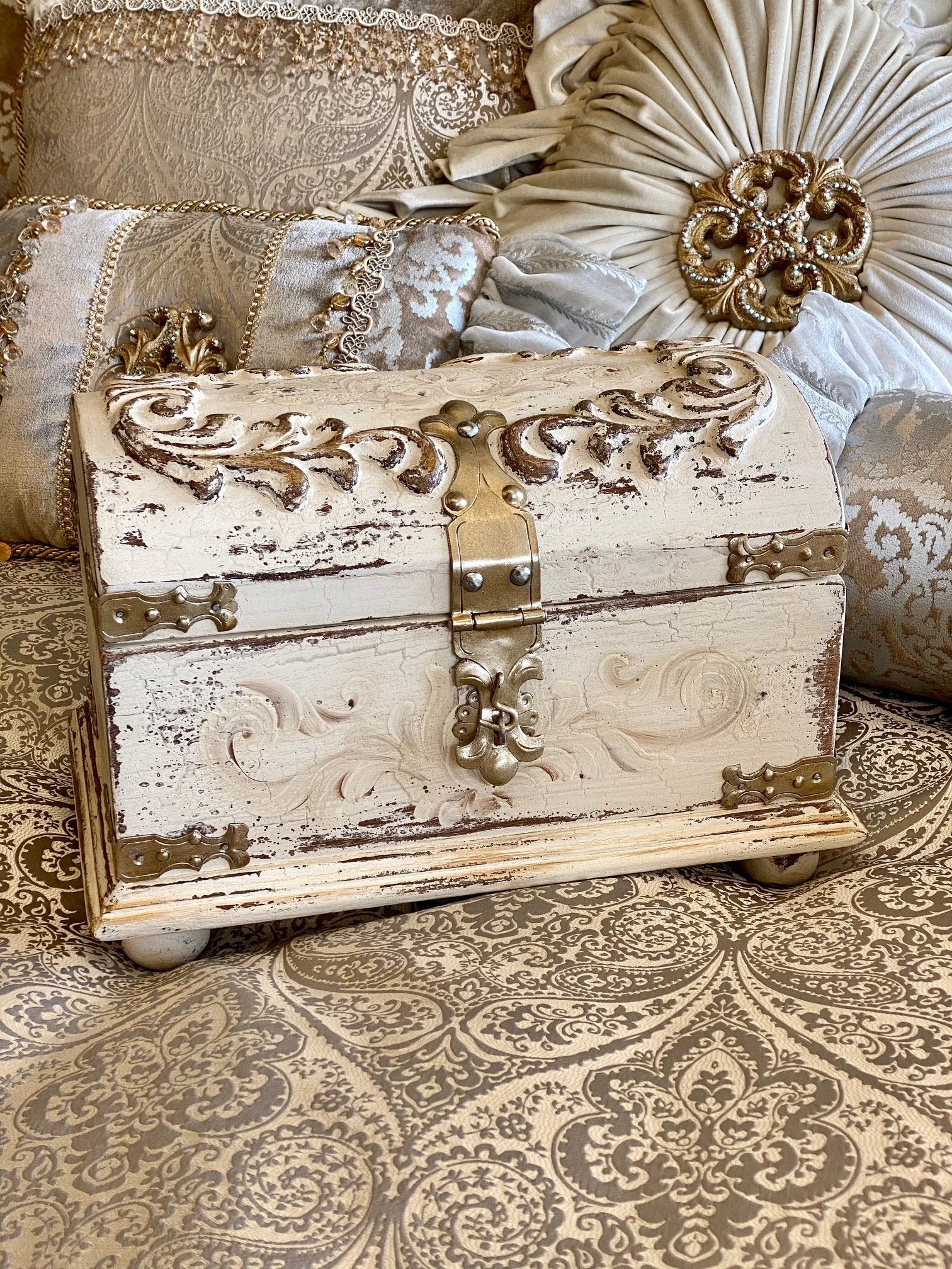 Hand Carved Wood Treasure Chest Box Vintage White