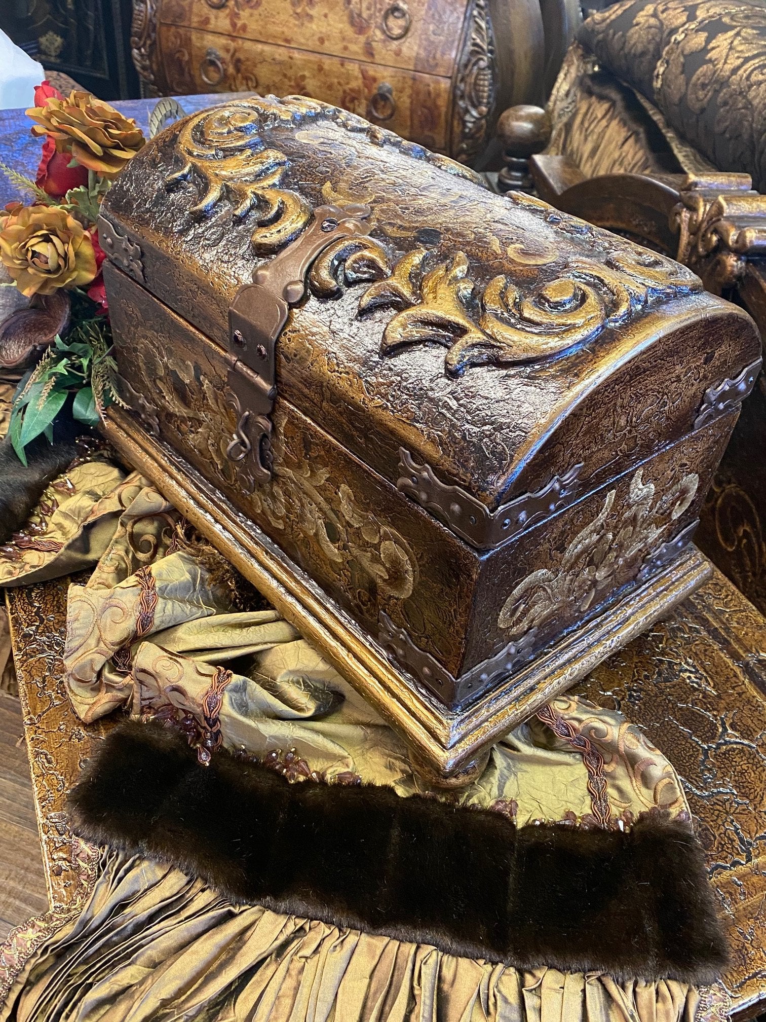 Hand Carved Wood Treasure Chest Box Santander Reilly-Chance Home Decor Retail Store Offerings
