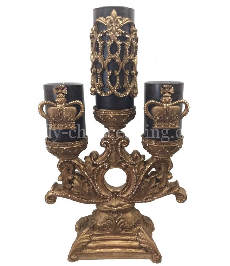 Decorative_three_tier_candle_holder-gold-brown_candles-roasted_chestnut-Gold_jeweled_crowns-firescreen-sir_olivers-reilly_chance_collection_grande