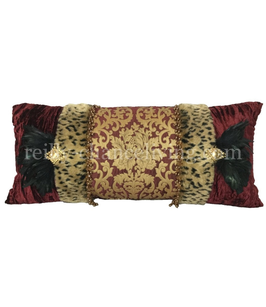 Luxury Accent Pillow Burgundy Gold And Leopard With Feathers 29X14