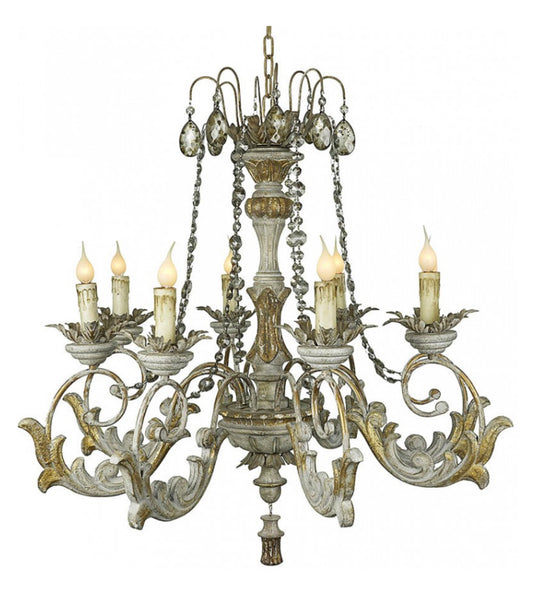 Carved Wood Chandelier with Distressed finish and Gold Accents