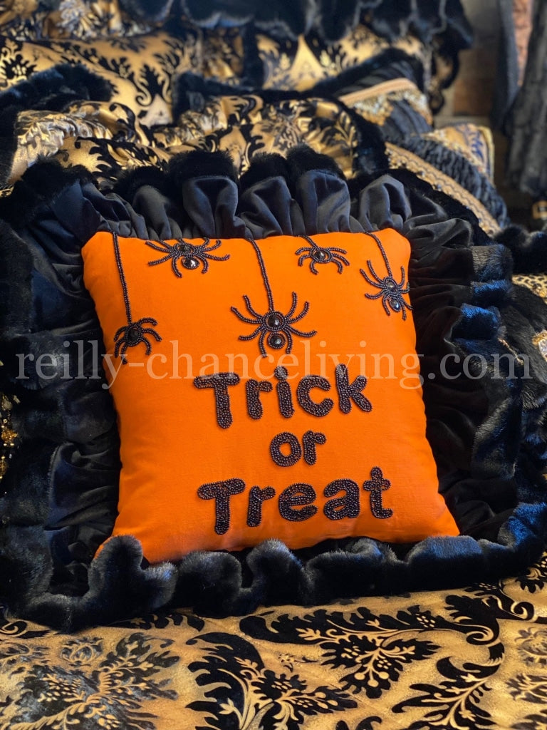 Halloween Accent Pillow Trick or Treat with Faux Mink Ruffle