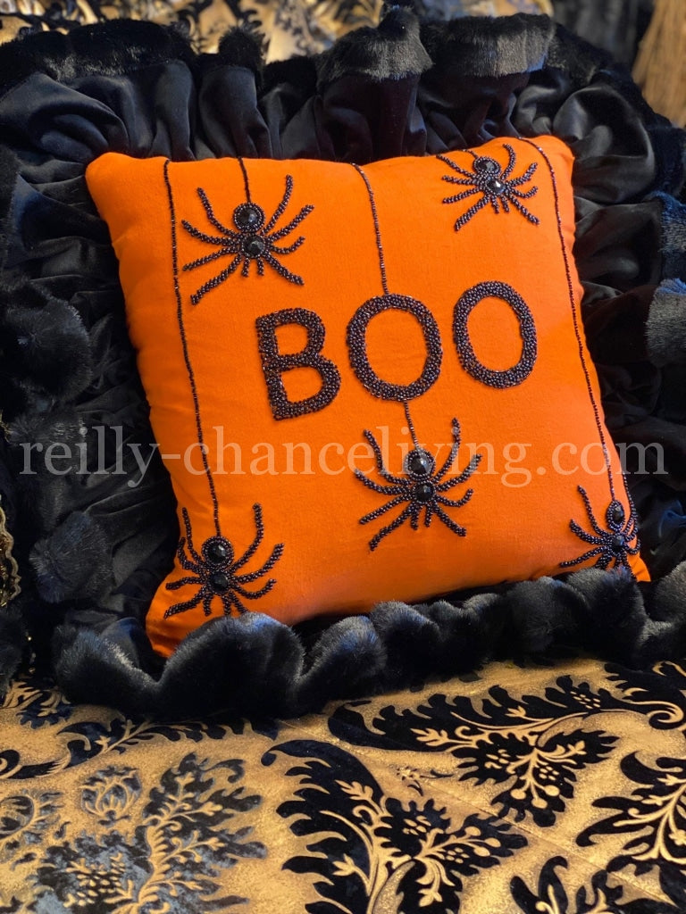 Halloween Accent Pillow BOO with Faux Mink Ruffle