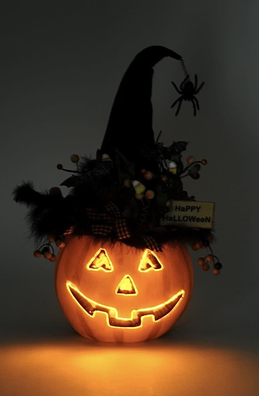 Lighted Fiber Optic Pumpkin With Witch Hat Halloween Table Decor