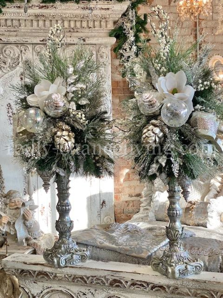 Set of 2 Large Opulent Christmas Florals in Silver and Champagne Colors