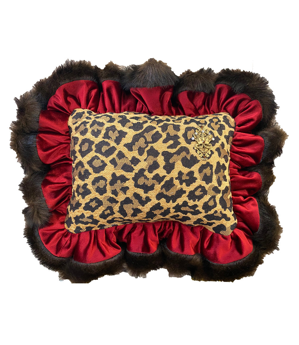 Luxury Accent Pillow Leopard Chenille and Red Velvet