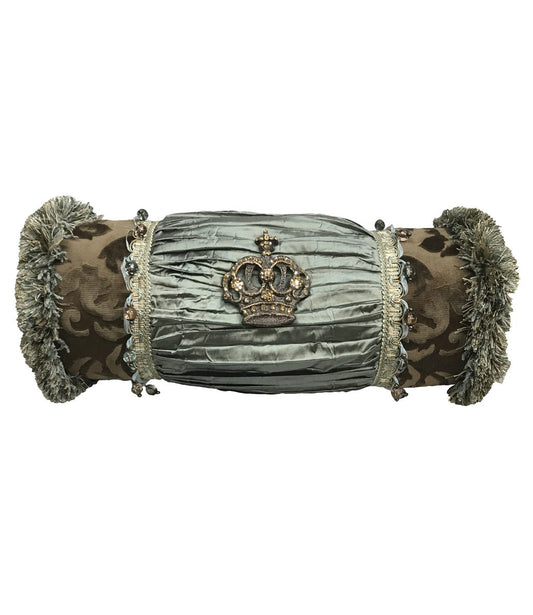 Decorative Bolster Pillow Chocolate Brown And Spa With Jeweled Crown